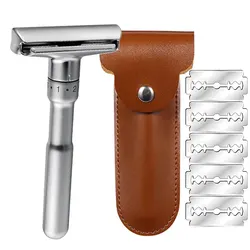 Full Zinc Alloy Safety Razor for Men Adjustable 1-6 Files Close Shaving Classic Double Edge Razors 1 Holder 5 Blades 1 Case