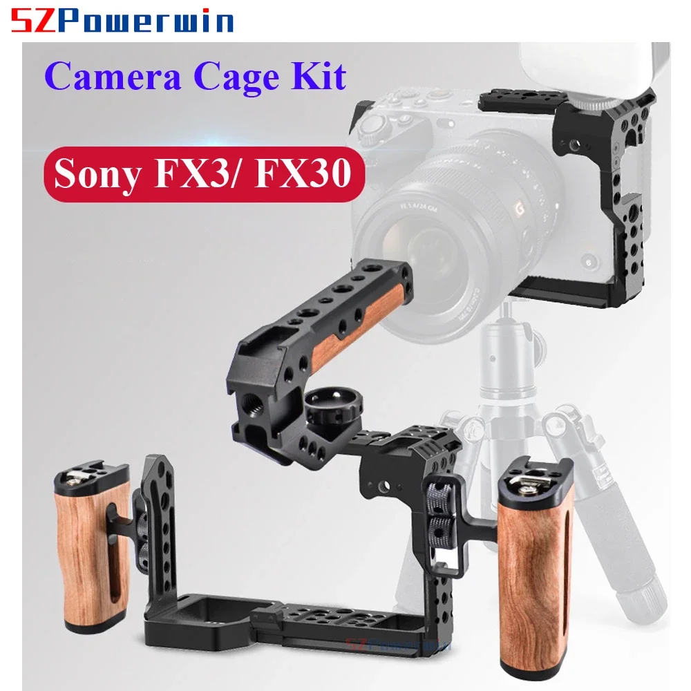 Powerwin For Sony FX3 FX30 Camera Cage with wooden Handle Kit Protective Rig Frame Gimbal Aluminum Alloy Arri Locating Screw