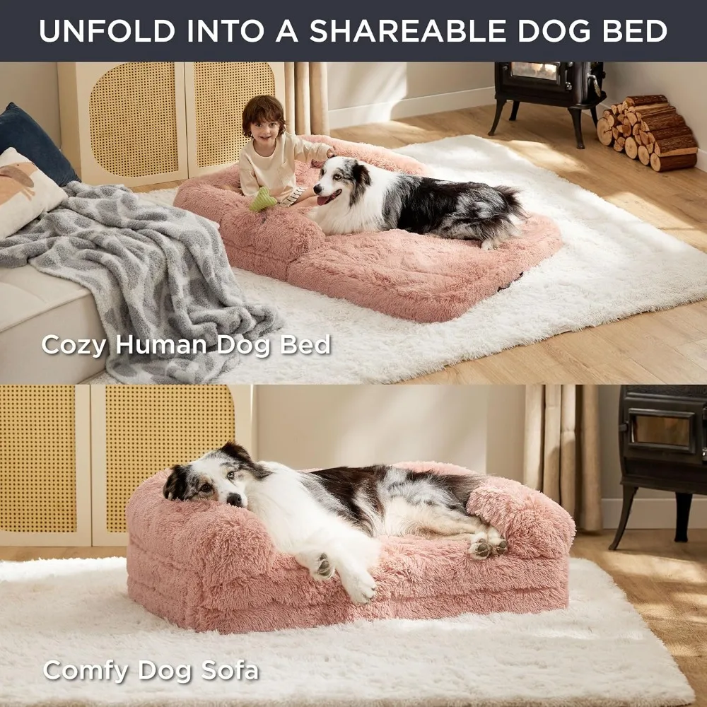 Foldable Human Dog Bed for Kids, 2 in 1 Calming Human Size Giant Dog Bed Fits Pet Families