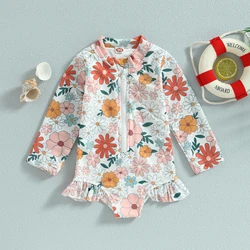 Yiiciovy Sweet Kids Baby Girl Flower Swimsuit Summer Floral Long Sleeve Zipper Ruffles Jumpsuit Swimwear Beachwear Bathing Suits