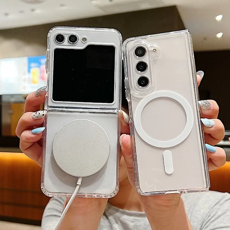 Para MagSafe funda de teléfono transparente para Samsung Galaxy Z Flip 6 5 4 3 Flip6 Flip5 Flip4 Flip3 5G funda protectora transparente anticaída