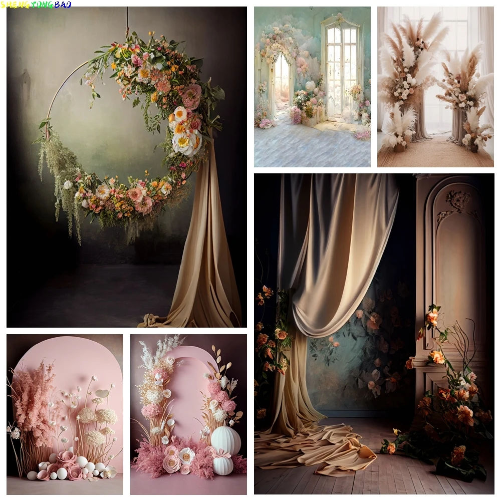 

Wedding Portrait Backdrop for Photography Abstract Boho Floral Flower Window Curtain Bridal Shower Party Background Photo Studio