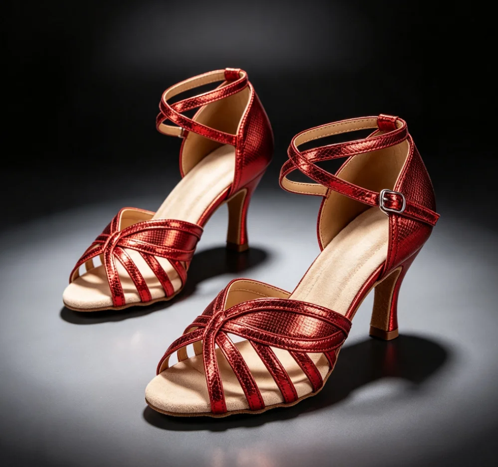 Red Metallic Women Latin Dance Shoes Crisscross Ankle Strap Buckle 7cm Heeled Salsa Tango Ballroom Dance Sandals For Competition