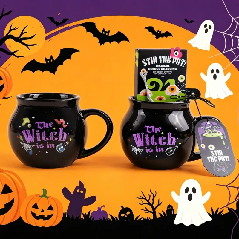 Color Changing Ceramic Witch Cauldron Mug Coffee Tea Cup Gothic Halloween Birthday Gift With Silver Branch Spoon Women Drinkware