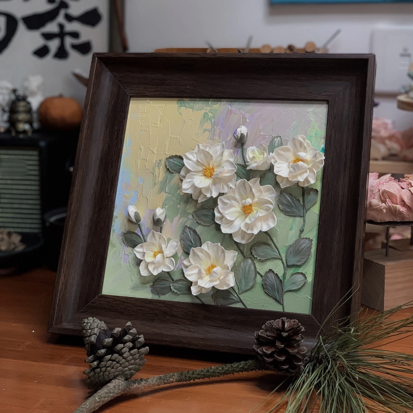 0076 Spring Flowers Handmade Clay Embossed Floral Wall Art Oil Acrylic Canvas Painting Decor 3D Relief Texture themed Home