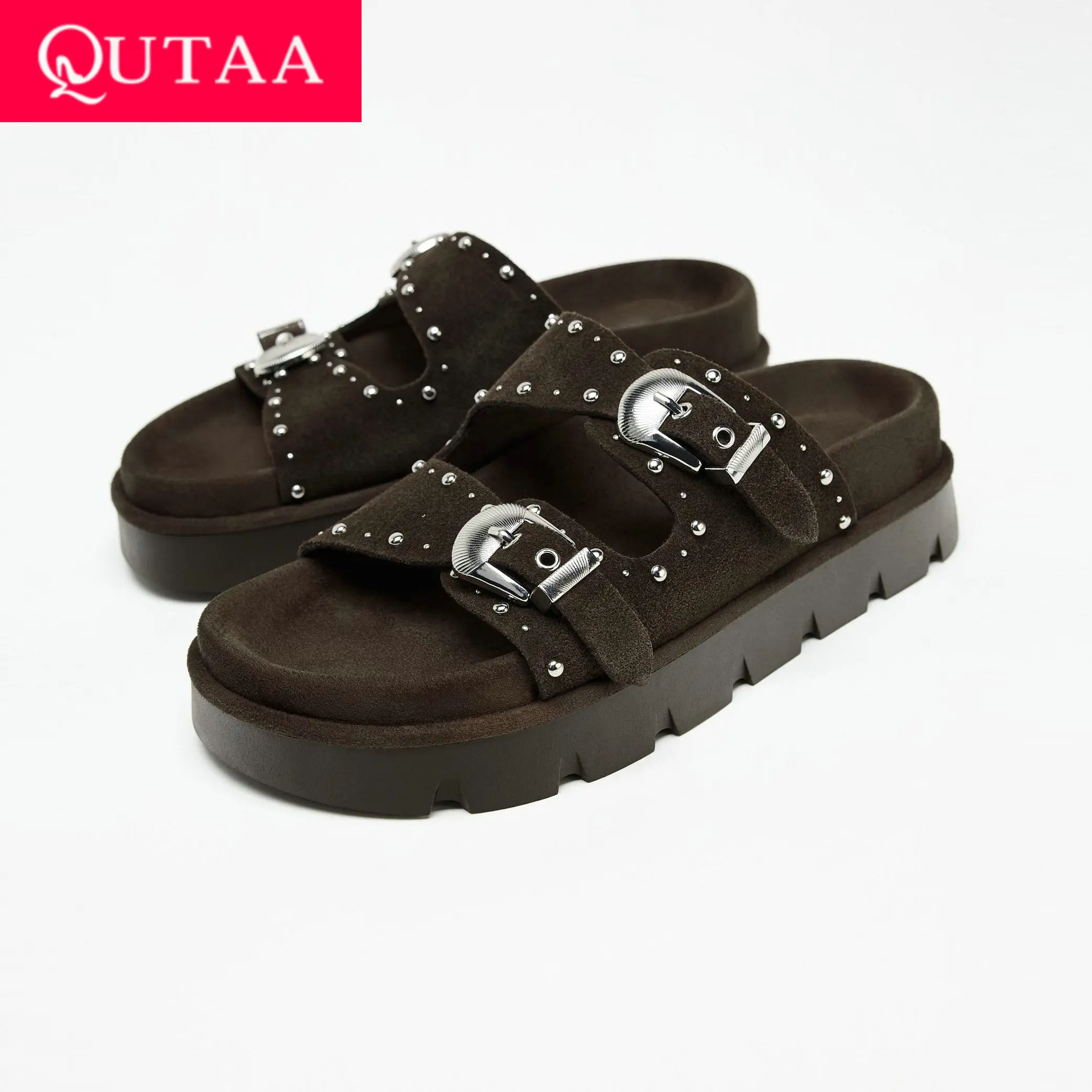 

QUTAA 2025 Women Sandals Shoes Fashion Cow Suede Flats Heels Woman Round Toe Summer Casual Rivet Slippers Shoe Size 34-40