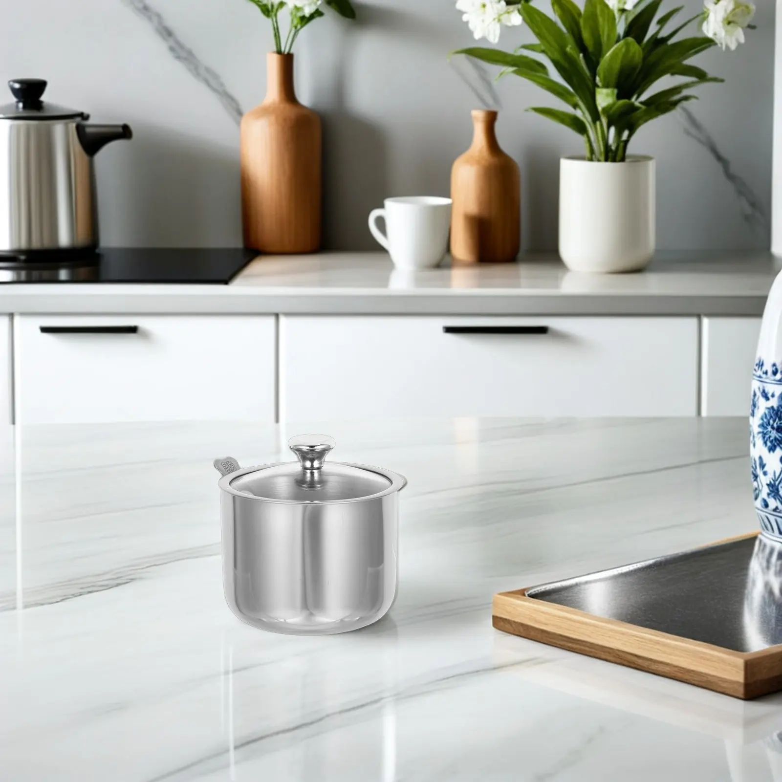 Stainless Steel Seasoning Jar with Handle Airtight Clear Lid for Salt Sugar Pepper Kitchen Storage 375ml