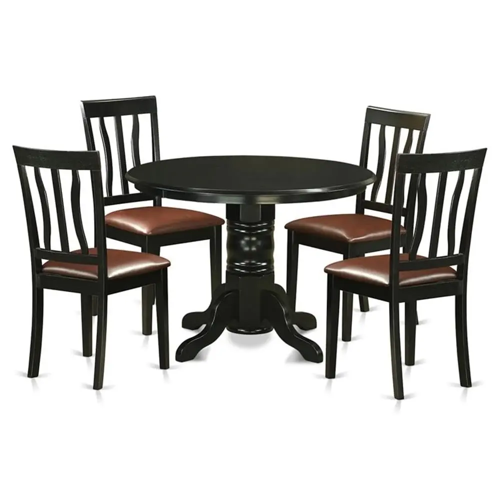 Round Kitchen Table & 4 Faux Leather Dining Chairs Set with Pedestal Base 42x42 Inch Black, Customized