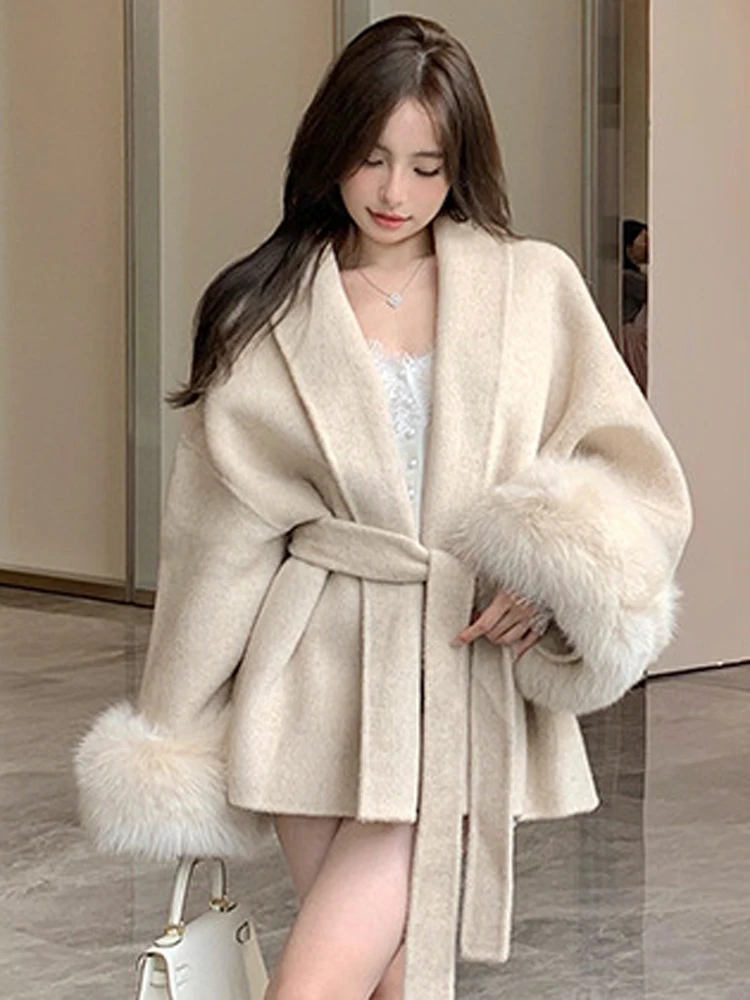 

FSMG Fashion Lace Up Belted Waist woolen coat Elegant Solid Long Sleeve V-neck Open Stitch coat Lady Loose High Street Outwears