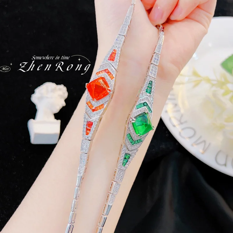 

Foydjew Luxury Elegant Orange/Green/Blue Multicolor Sugar Tower Crystal Bracelets Silver Color 18+4cm Chain Bracelet For Women