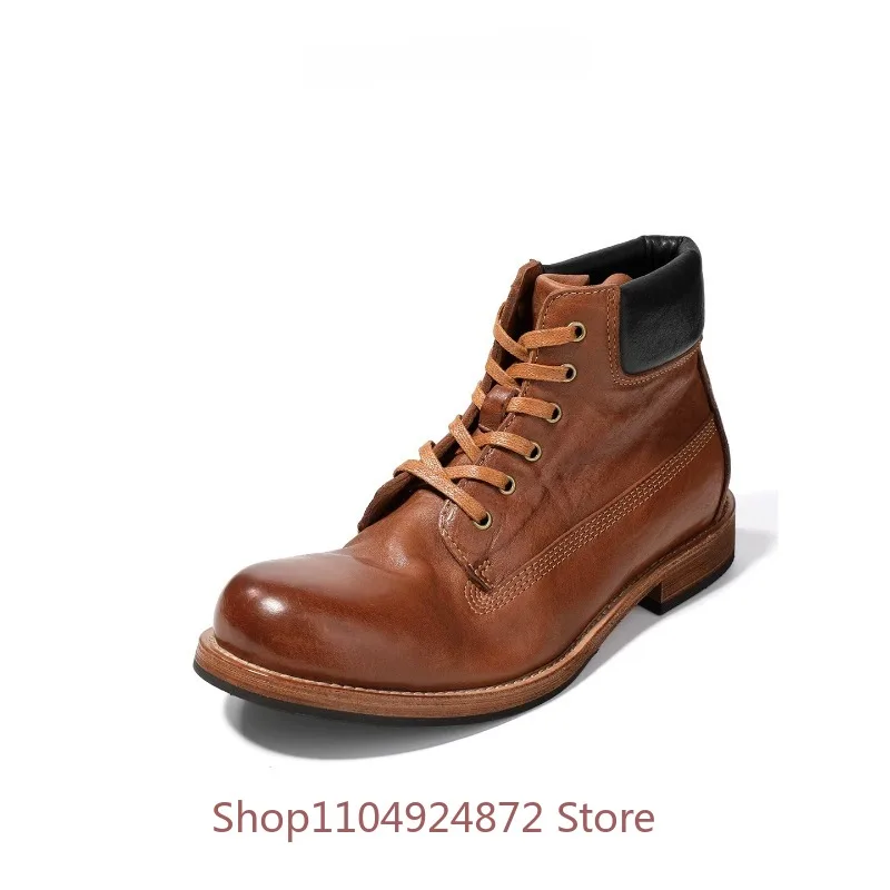 American Retro Genuine Leather High Top Work Chelsea Ankle Boots Men's Shoes Walking Outdoor Cowhide Lace-up Work Boots Male
