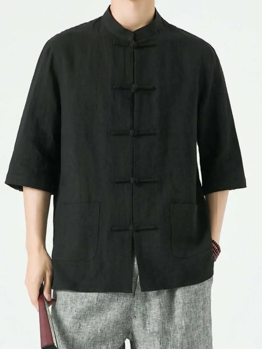 

Новая мужская льняная рубашка в китайском стиле из хлопка и льна, летняя, винтажная, с воротником-стойкой, свободного кроя, для весны и лета, модная