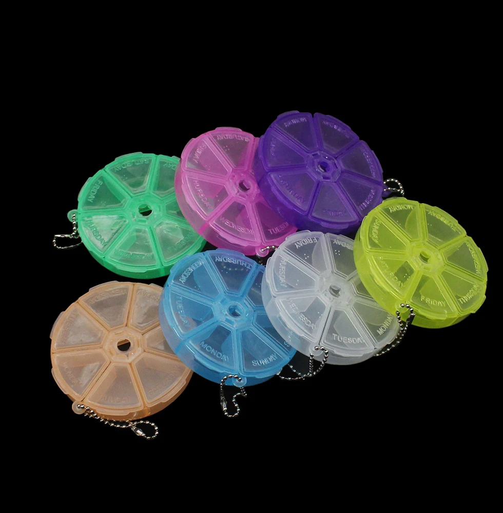 

Plastic 7 Days Week Round Pillbox Home Portable Compartment Storage Carrying Box Jewelry Beads Case Container Display