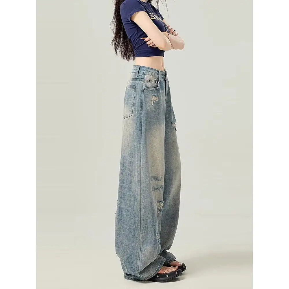 

Retro American High Waist Women's Jeans Loose Long Wide Leg Pants Spring Summer Straight Cut Hole Design Slimming Effect
