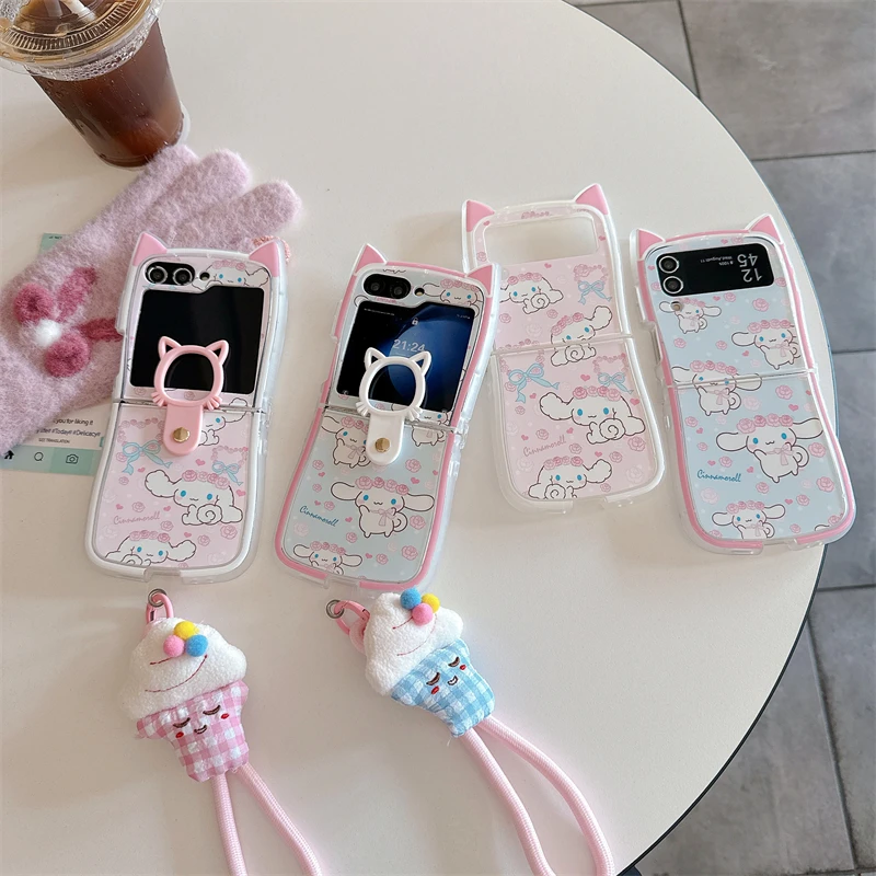 Capa de Celular Kawaii Cinnamoroll com Orelhas de Gato para Samsung Z Flip 7 6 5 4 3, Capa Protetora com Suporte de Anel de Gato e Cordão de Pelúcia