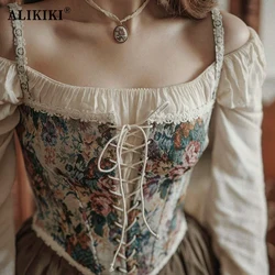 French Vintage Corset Tops Sexy Floral Corset Bustier Crop Top Tank Lace Up Camisole For Women Going Out Outfit
