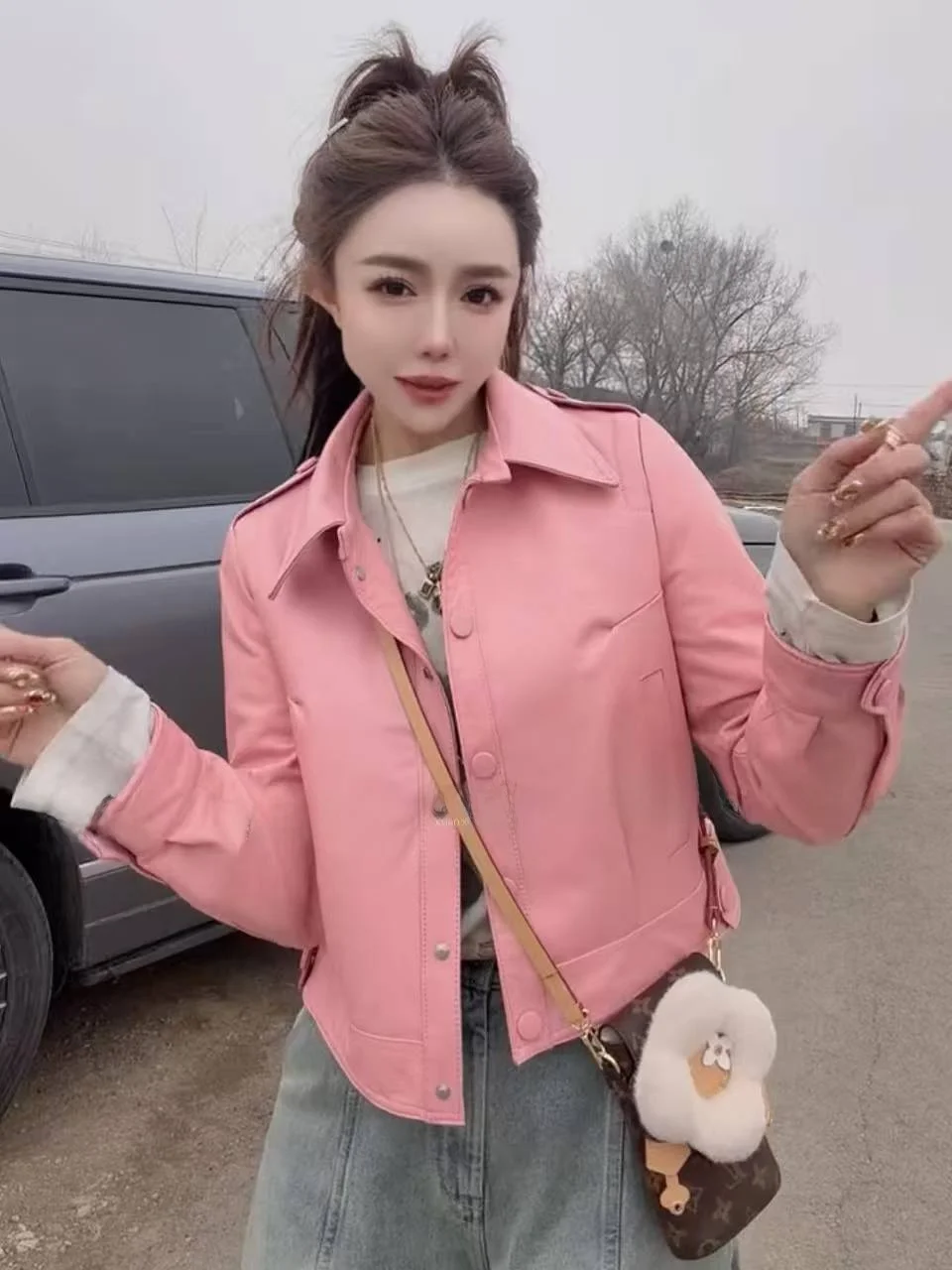 

Early Spring 2026 Vintage Hong Kong Sle Motorcycle Genuine Leather Jaet Women's Coat Stand Collar Loose Fit Zipper Closure