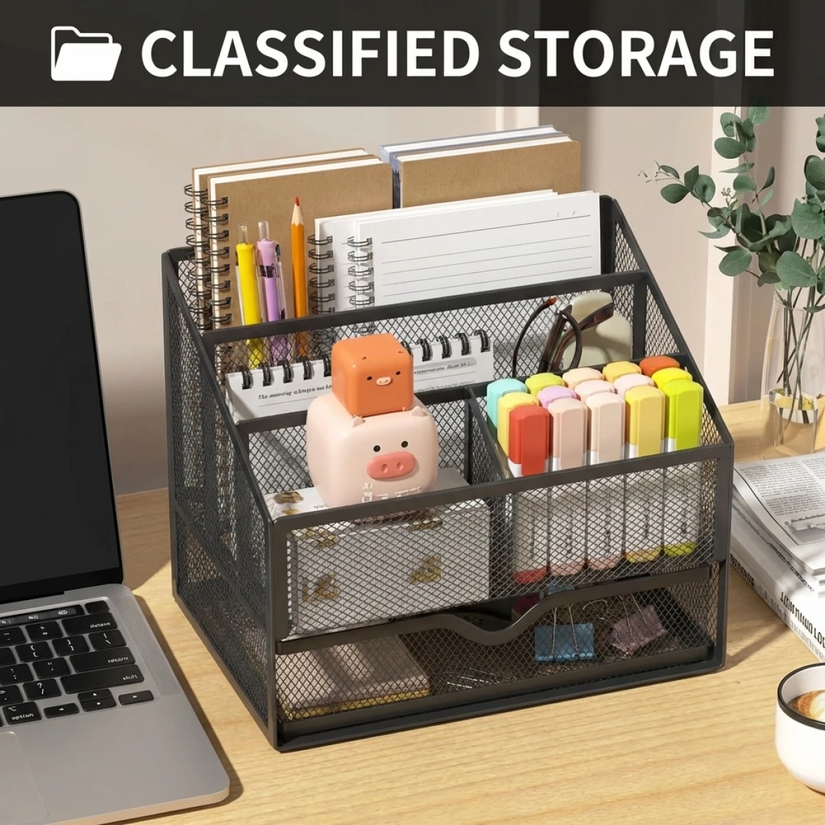 Desk Organizer with Raised Border, Classified Storage Rack for Office Supplies, Space Saving Pen Holder Tray for Students Home S