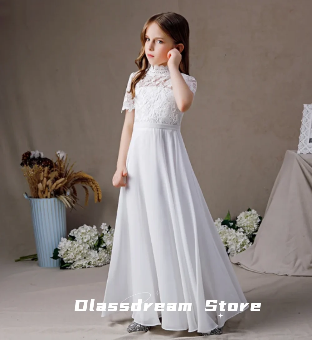 

Elegant White High Neck Chiffon First Communion Dresses 2024 Lace Short Sleeves Gown Concert Birthday Party vestidos de fiesta