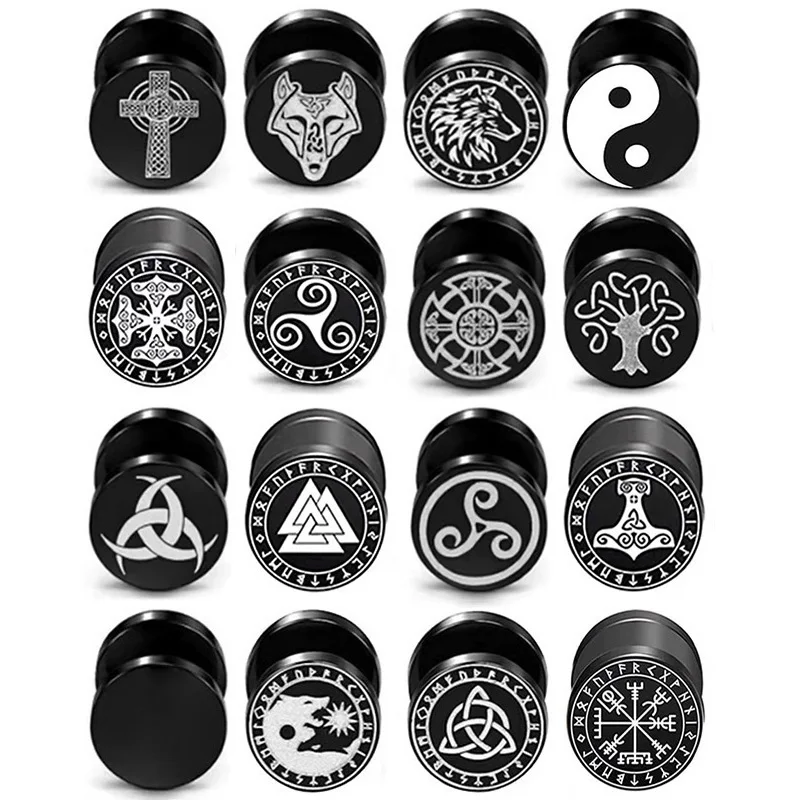 1Pair Viking Barbell Stud Earring For Men/Women Moon Flower Cross Stainless Steel Screw Studs Punk Gothic Piercing Jewelry