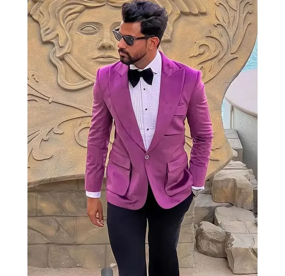 Men Suits Two Pieces Pink Blazer+Black Pants One Button Wide Lapel Slim Celebrity Wedding Formal Work Causal Tailored Set