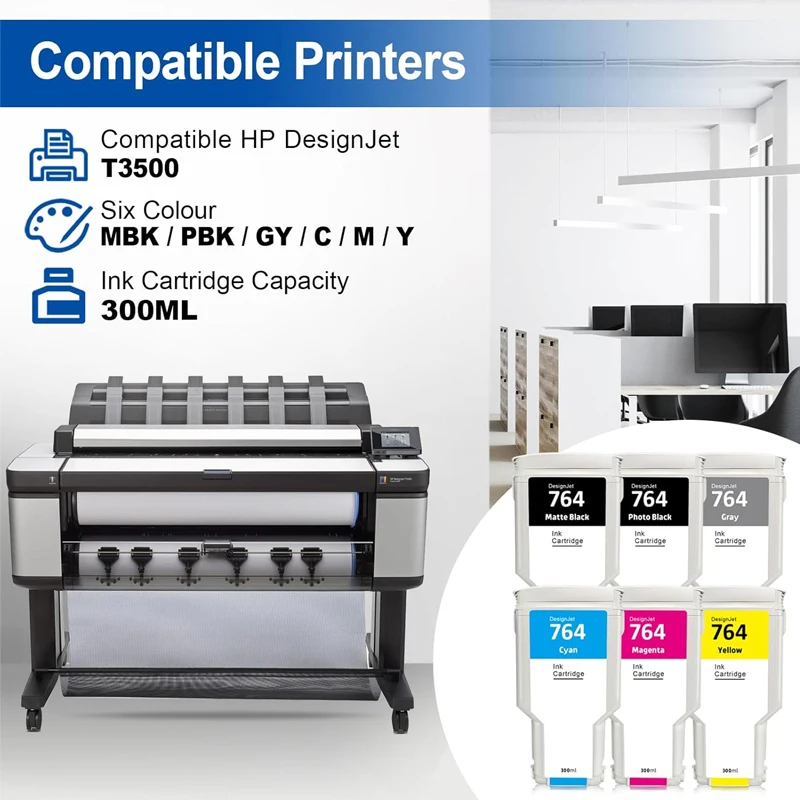 764 Compatible Ink Cartridge for HP 764 Compatible for HP DesignJet T3500 Printer with 300ML ink and Chip