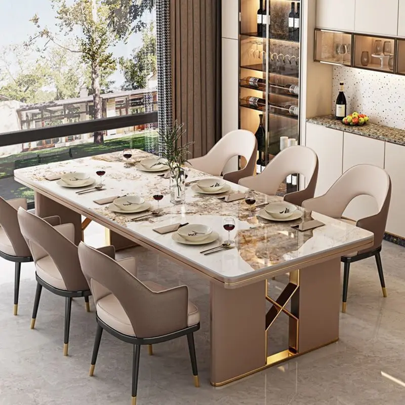 Rock slab dining table and chairs combination villa rectangular home