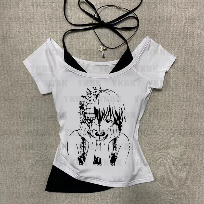 

Harajuku Girls Clothing Cartoon Print Gothic Grunge Fake Two Piece Y2K Retro Emo Girl Aesthetic Top Punk Streetwear Casual Tee