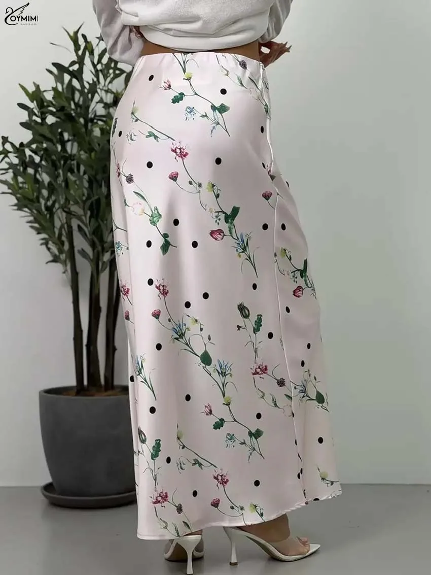 Oymimi Fashion Pink Print Women's Skirts Elegant Low Waisted Satin Straight Skirts Autumn New Ankle-Length Skirt Female Clothing