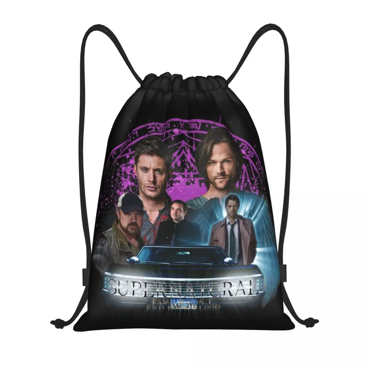 Supernatural Family Dont End With Blood Drawstring Backpack Gym Sport Sackpack Foldable TV Winchester Creed Training Bag Sack