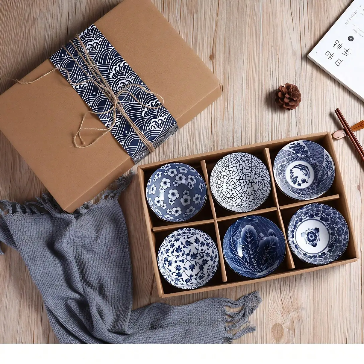 

6-Piece Japanese Ceramic Bowl Set - Microwave & Dishwasher Safe Multi-Use Bowls