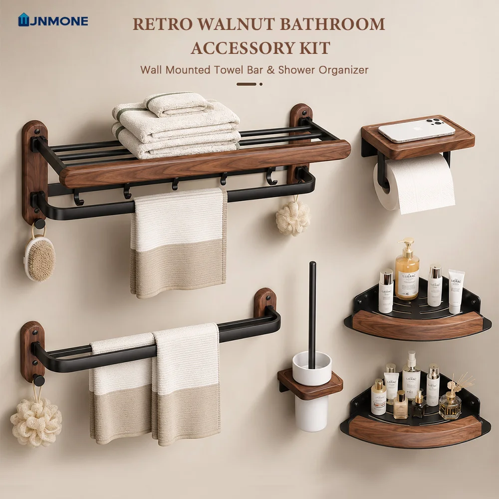 Walnut Wood Bathroom Accessories Set Wall Mounted Towel Rack Shelf Toilet Paper Holder Bathroom Hardware Kit Shower Organizer