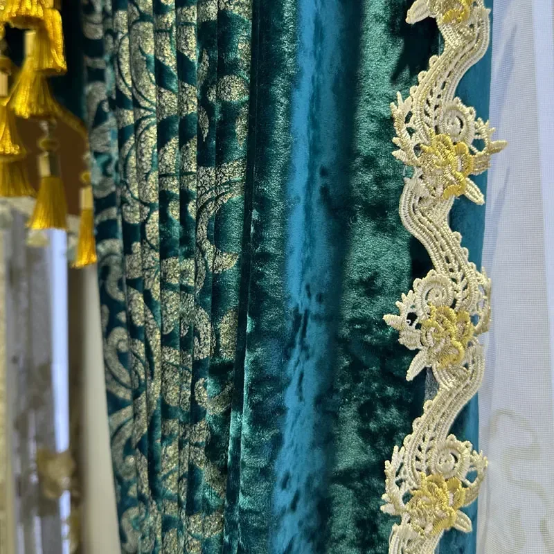 High-end Dark Green Velvet Bronzing Jacquard Curtains For Living Room Bedroom Balcony Villa Home Decoration Customized Valanace