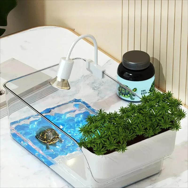 Turtle Tank with Basking Area, Transparent Reptile Terrarium Habitat for Pet Turtles, Hermit Crabs, Tortoise Adoption