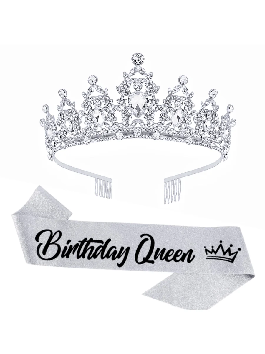 

Crystal Birthday Queen Tiara Crown And Sash For Women Party Hair Accessories