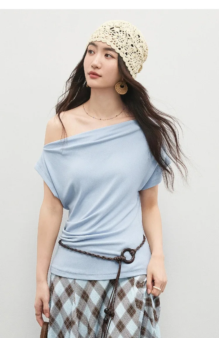 SENTUBILA Damen-Strick-T-Shirt mit Wendekragen, Frühling 2026, Weiß, minimalistisch, für den Alltag, plissiert, schmal geschnitten, Kurzarm-Oberteil 161TA4924 – Detail 23