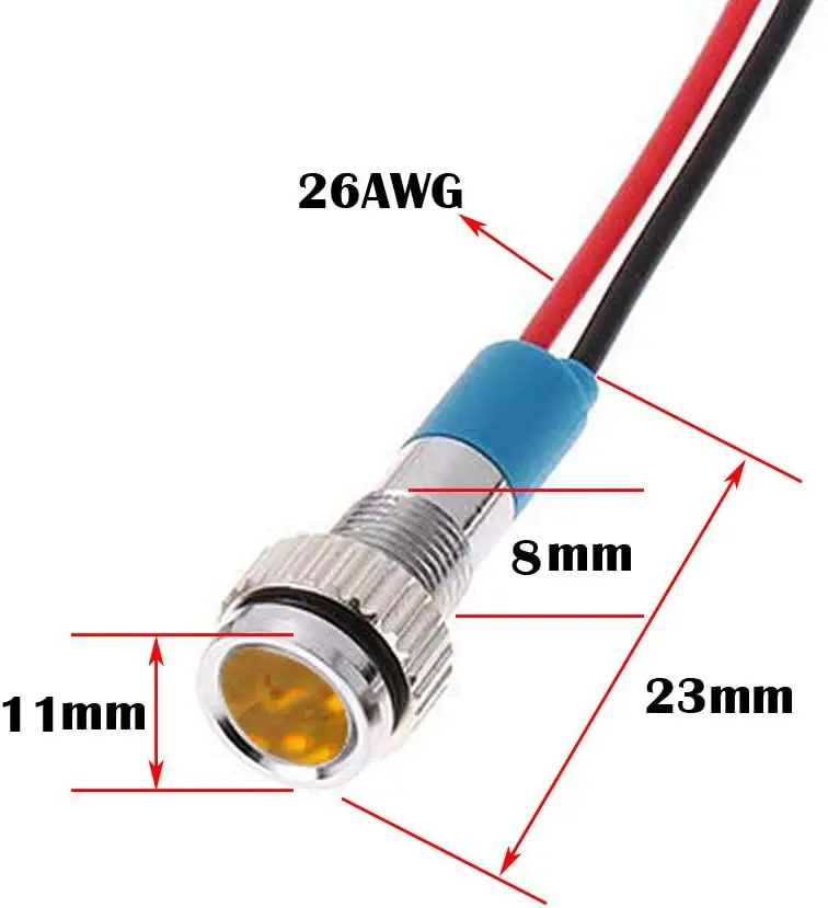 5pc 8 mm 1/4 LED Metal Indicator Light 12V Waterproof Signal Lamp Pilot Dash Directional Car Truck Boat with Wire (Yellow color)