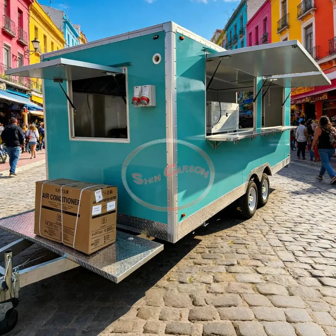 

Customized Black Square Food Trailer Truck with Full Kitchen for Street Restaurant Pizza Candy Chips Mobile Catering
