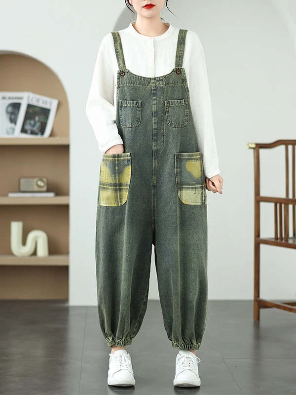 

Retro Cotton Overalls Spring New Plaid Splicing Jeans Loose One-Piece Trendy Denim Casual l Waist Nine-Piece Blue