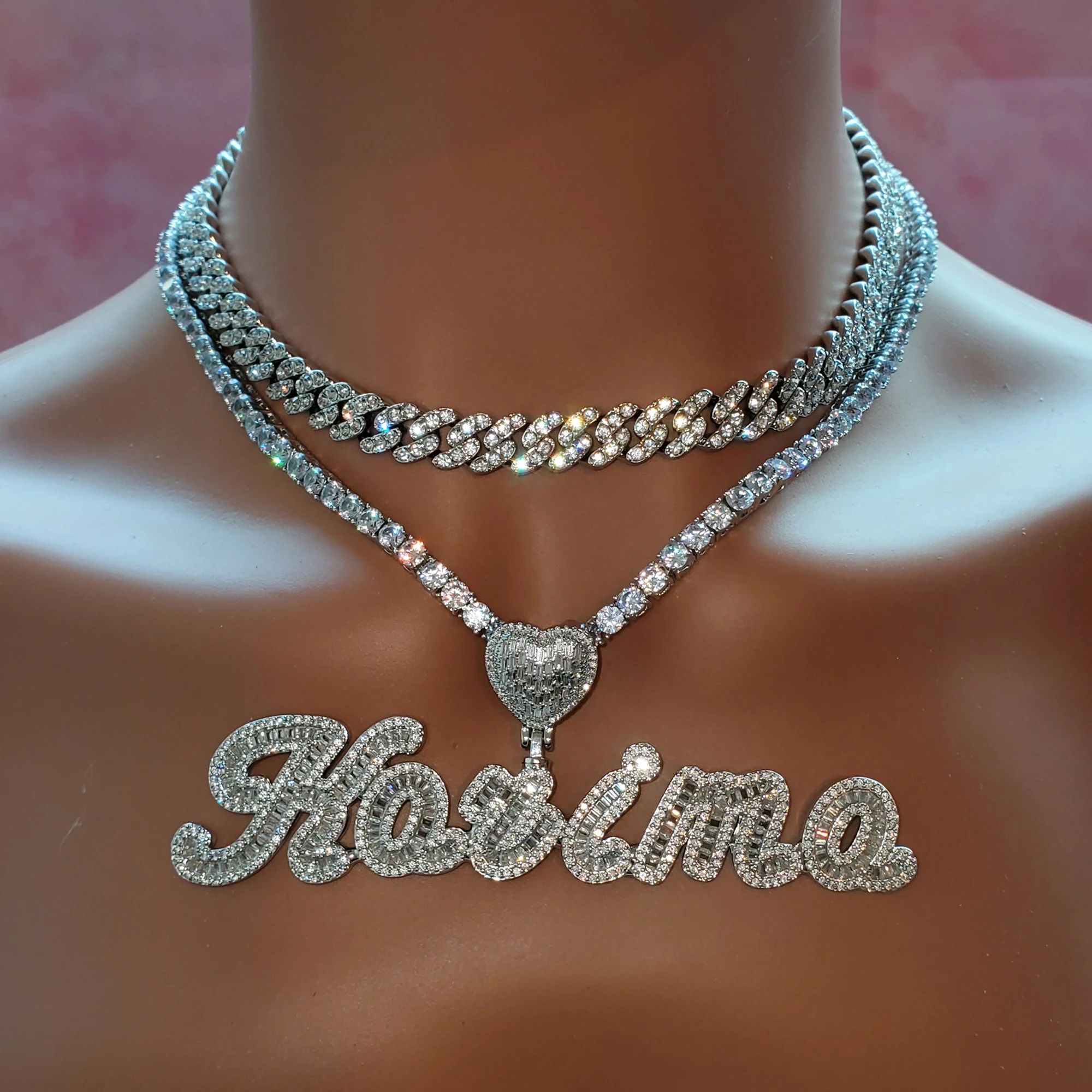 Bling Custom Necklace Set Tennis Chain&Cuban Chain Set With Name Pendant Hot Trendy Personalized Jewelry Birthday Gift for Her