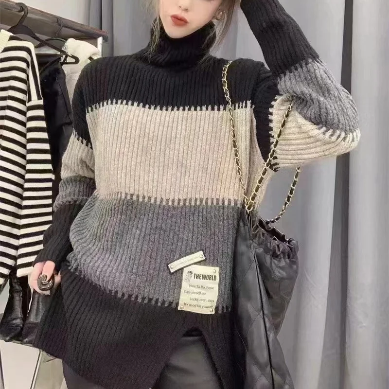 Stylish Vintage Striped Spliced Sweaters 2024 Autumn Winter Casual Turtleneck Female Clothing Korean Split Patch Designs Jumpers