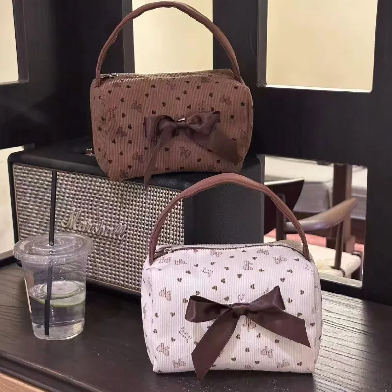 Travel Bow Print Corduroy Thickened Makeup Bag Beige Coffee Color Large Capacity Fashion Portable Toiletry Pouch for Women