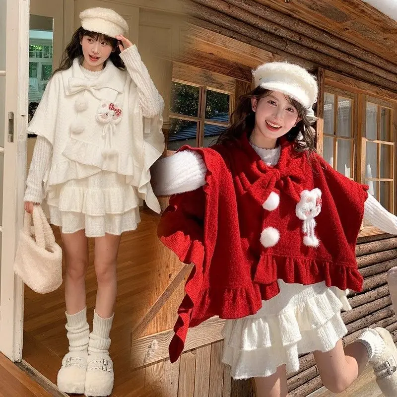 

Японский милый стиль, милый кот, дизайн плаща, утолщенное короткое пальто, шаль, женский осенне-зимний новый свободный топ