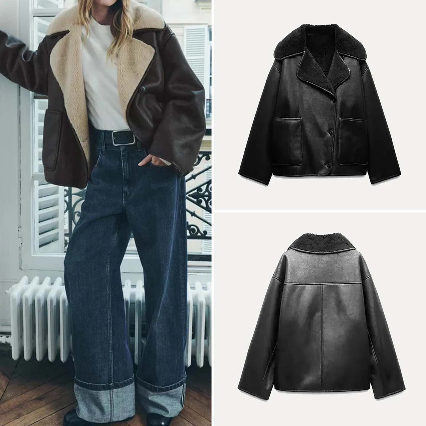 

Faionable, повседневное двухцветное женское пальто из кожи и меха, весенне-осеннее сезонное пальто, свободный крой для поездок на работу