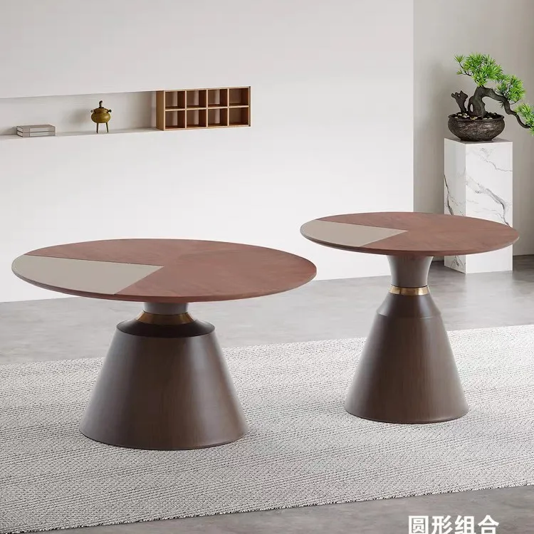 #Modern Living Room Coffee Table: Wood and Leather Paneled Round Coffee Table Set with Vintage-Inspired Luxury Side Tables