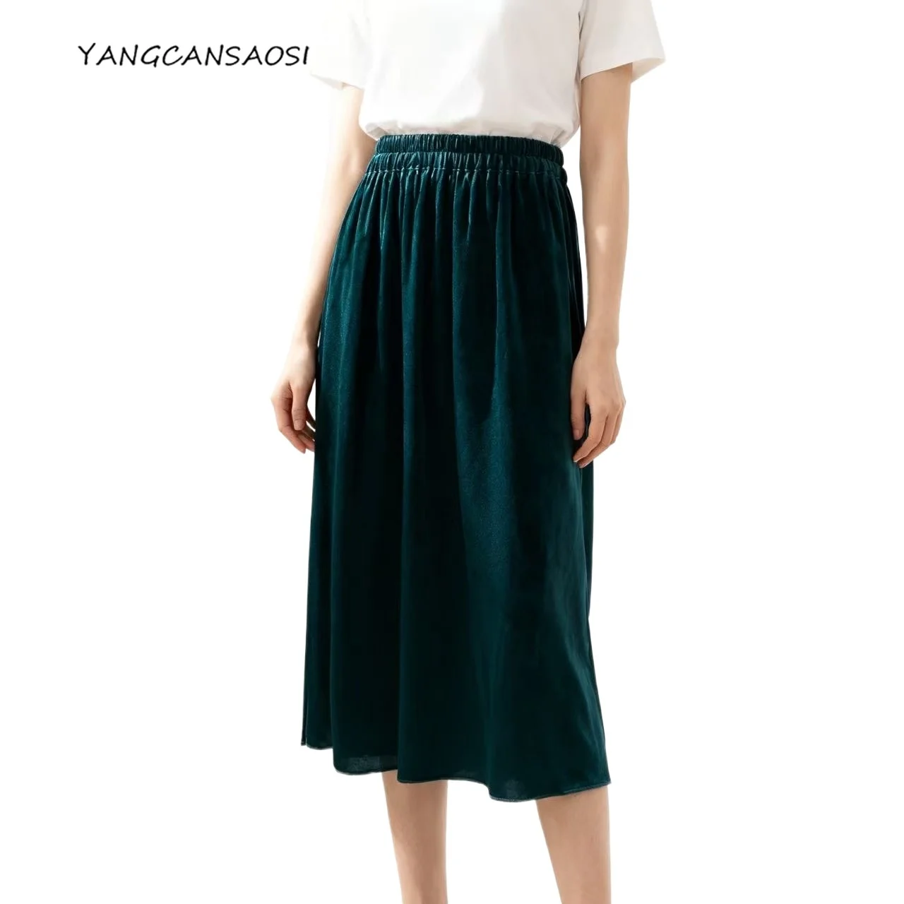 

Smooth Drooping Sensation 93% Natural Mulberry Silk Elastin Crepe Satin High Waist Peacock Blue Women's Fashion A-word Skirt