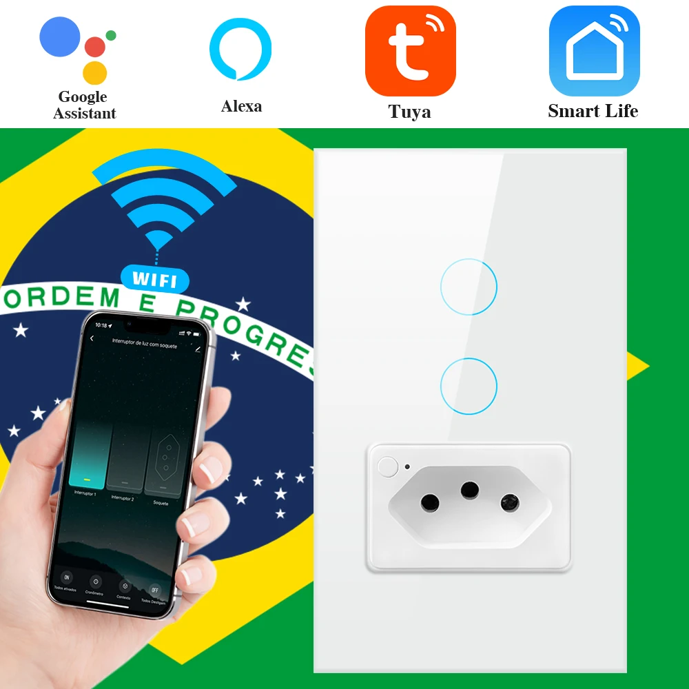 isfriday brasil interruptor wi fi inteligente com tomada 2gang toque interruptor de luz parede tuya vida inteligente para alexa google casa 01