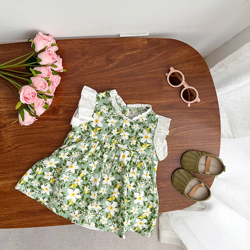 Summer Newborn Infant Baby Girls Cotton Sleeveless Flower Dress Cute Kids Fashion Soft Baby Clothing