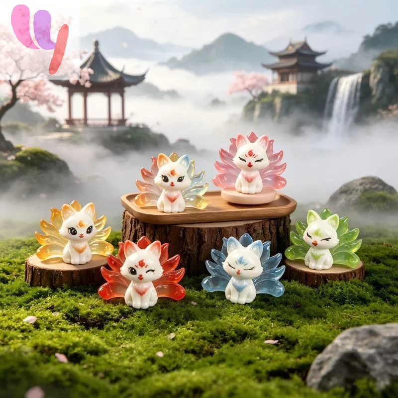 Cute Nine-tailed Fox Resin Charms Cartoon Animal Figurines DIY Keychain Pendants Mini Desktop Car Ornaments Craft Supplies