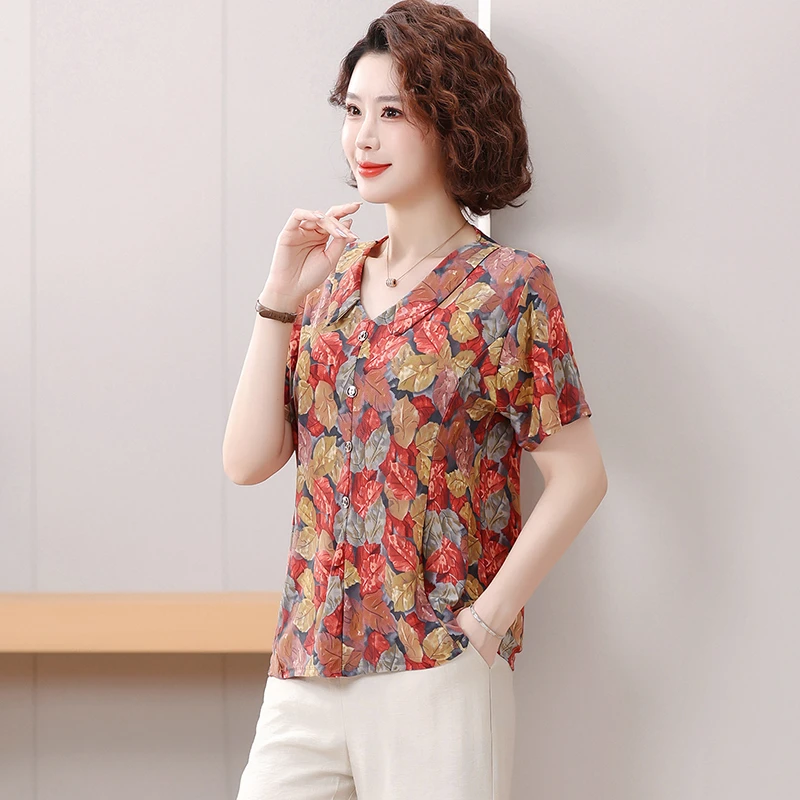 خمر التلبيب زر مطبوعة خمر قمصان الصيف جديد فضفاض كل مباراة قمم مكتب سيدة البلوزات الملابس النسائية